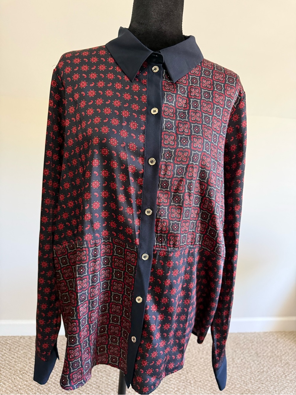 Tommy Hilfiger L Patchwork Bandana Paisley Button Down Blouse Navy Red